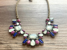 Load image into Gallery viewer, Extra Long Rhinestone Statement Necklace with major BLING, gold navy blush green chunky necklace jewelry, gemstone necklace, faux diamond