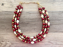 Load image into Gallery viewer, Cranberry Crush Chunky 3 Strand Statement Necklace, fall necklace, maroon jewelry, dark red necklace, red gold tan, red statement