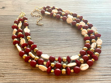 Load image into Gallery viewer, Cranberry Crush Chunky 3 Strand Statement Necklace, fall necklace, maroon jewelry, dark red necklace, red gold tan, red statement