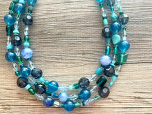 Load image into Gallery viewer, Seaglass Blue Ombré Chunky Statement Necklace, multi Strand Beaded Jewelry, dark blue jewelry, 3 strand chunky bib green