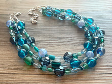 Load image into Gallery viewer, Seaglass Blue Ombré Chunky Statement Necklace, multi Strand Beaded Jewelry, dark blue jewelry, 3 strand chunky bib green