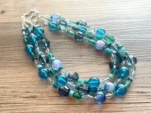 Load image into Gallery viewer, Seaglass Blue Ombré Chunky Statement Necklace, multi Strand Beaded Jewelry, dark blue jewelry, 3 strand chunky bib green
