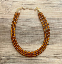 Load image into Gallery viewer, Brown glass Chunky Statement Necklace, gold bib necklace, brown necklace, honey colored necklace, wedding bridesmaid chunky