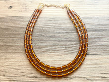 Load image into Gallery viewer, Brown glass Chunky Statement Necklace, gold bib necklace, brown necklace, honey colored necklace, wedding bridesmaid chunky
