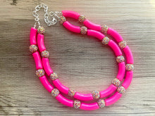 Load image into Gallery viewer, Pink Glitter Chunky Statement Necklace, rainbow pink beaded necklace, bubble jewelry hot pink jewelry multi strand necklace, bib chunky