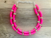 Load image into Gallery viewer, Pink Glitter Chunky Statement Necklace, rainbow pink beaded necklace, bubble jewelry hot pink jewelry multi strand necklace, bib chunky