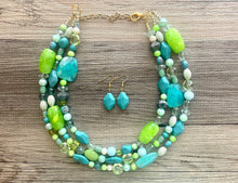 Load image into Gallery viewer, Teal & Lime Green Chunky Statement Necklace, Big beaded jewelry, multi Strand Necklace, Bib necklace, green key lime gold confetti jewelry