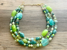 Load image into Gallery viewer, Teal & Lime Green Chunky Statement Necklace, Big beaded jewelry, multi Strand Necklace, Bib necklace, green key lime gold confetti jewelry