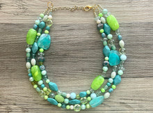 Load image into Gallery viewer, Teal & Lime Green Chunky Statement Necklace, Big beaded jewelry, multi Strand Necklace, Bib necklace, green key lime gold confetti jewelry