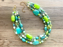 Load image into Gallery viewer, Teal & Lime Green Chunky Statement Necklace, Big beaded jewelry, multi Strand Necklace, Bib necklace, green key lime gold confetti jewelry