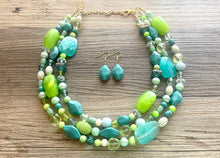 Load image into Gallery viewer, Teal & Lime Green Chunky Statement Necklace, Big beaded jewelry, multi Strand Necklace, Bib necklace, green key lime gold confetti jewelry