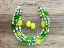 Load image into Gallery viewer, Kelly & Lime Green Chunky Statement Necklace, Big beaded jewelry, multi Strand Necklace, Bib necklace, green key lime gold confetti jewelry
