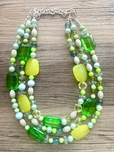 Load image into Gallery viewer, Kelly & Lime Green Chunky Statement Necklace, Big beaded jewelry, multi Strand Necklace, Bib necklace, green key lime gold confetti jewelry