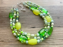 Load image into Gallery viewer, Kelly & Lime Green Chunky Statement Necklace, Big beaded jewelry, multi Strand Necklace, Bib necklace, green key lime gold confetti jewelry