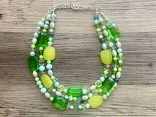 Load image into Gallery viewer, Kelly & Lime Green Chunky Statement Necklace, Big beaded jewelry, multi Strand Necklace, Bib necklace, green key lime gold confetti jewelry