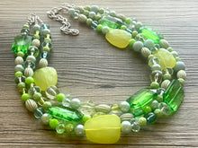 Load image into Gallery viewer, Kelly & Lime Green Chunky Statement Necklace, Big beaded jewelry, multi Strand Necklace, Bib necklace, green key lime gold confetti jewelry