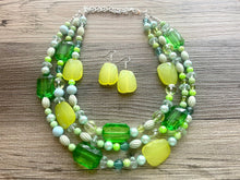 Load image into Gallery viewer, Kelly & Lime Green Chunky Statement Necklace, Big beaded jewelry, multi Strand Necklace, Bib necklace, green key lime gold confetti jewelry