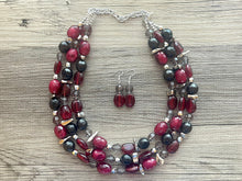 Load image into Gallery viewer, Cranberry Soirée, Chunky 3 Strand Statement Necklace, fall necklace, maroon jewelry, dark red necklace, black glitter gold statement