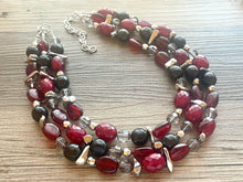 Load image into Gallery viewer, Cranberry Soirée, Chunky 3 Strand Statement Necklace, fall necklace, maroon jewelry, dark red necklace, black glitter gold statement