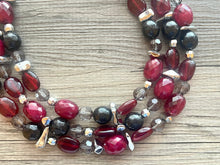 Load image into Gallery viewer, Cranberry Soirée, Chunky 3 Strand Statement Necklace, fall necklace, maroon jewelry, dark red necklace, black glitter gold statement