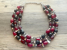 Load image into Gallery viewer, Cranberry Soirée, Chunky 3 Strand Statement Necklace, fall necklace, maroon jewelry, dark red necklace, black glitter gold statement