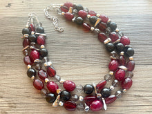 Load image into Gallery viewer, Cranberry Soirée, Chunky 3 Strand Statement Necklace, fall necklace, maroon jewelry, dark red necklace, black glitter gold statement