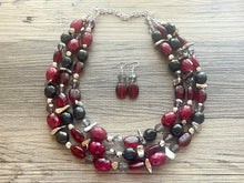 Load image into Gallery viewer, Cranberry Soirée, Chunky 3 Strand Statement Necklace, fall necklace, maroon jewelry, dark red necklace, black glitter gold statement