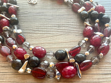 Load image into Gallery viewer, Cranberry Soirée, Chunky 3 Strand Statement Necklace, fall necklace, maroon jewelry, dark red necklace, black glitter gold statement