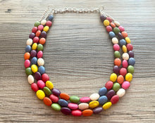 Load image into Gallery viewer, Rainbow 3 strand Beaded Necklace, Dyed Turquoise Stone Colorful Jewelry, Chunky statement necklace, big beaded necklace, rainbow jewelry