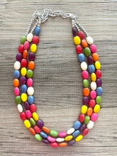 Load image into Gallery viewer, Rainbow 3 strand Beaded Necklace, Dyed Turquoise Stone Colorful Jewelry, Chunky statement necklace, big beaded necklace, rainbow jewelry