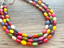 Load image into Gallery viewer, Rainbow 3 strand Beaded Necklace, Dyed Turquoise Stone Colorful Jewelry, Chunky statement necklace, big beaded necklace, rainbow jewelry