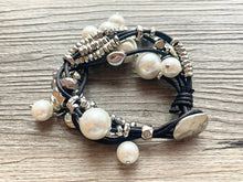 Load image into Gallery viewer, Black & White Suede Statement bracelet, silver white vintage bracelet, silver black beaded jewelry, chunky rhinestone jewelry