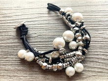 Load image into Gallery viewer, Black & White Suede Statement bracelet, silver white vintage bracelet, silver black beaded jewelry, chunky rhinestone jewelry