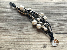 Load image into Gallery viewer, Black & White Suede Statement bracelet, silver white vintage bracelet, silver black beaded jewelry, chunky rhinestone jewelry
