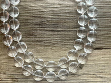 Load image into Gallery viewer, Resin Clear Crystal Statement Necklace - Faceted circular Beaded Everyday neutral jewelry, earrings silver accents chunky bib necklace