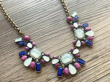 Load image into Gallery viewer, Extra Long Rhinestone Statement Necklace with major BLING, gold navy blush green chunky necklace jewelry, gemstone necklace, faux diamond