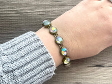 Load image into Gallery viewer, Rhinestone & Gold Statement bracelet, chunky vintage bracelet cream green beaded jewelry, chunky gold pendant jewelry