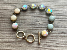Load image into Gallery viewer, Rhinestone & Gold Statement bracelet, chunky vintage bracelet cream green beaded jewelry, chunky gold pendant jewelry