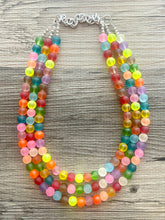 Load image into Gallery viewer, Rainbow Neon 3 strand Beaded Necklace, Colorful Jewelry, Chunky statement necklace, big beaded necklace, rainbow jewelry, rainbow confetti
