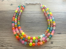 Load image into Gallery viewer, Rainbow Neon 3 strand Beaded Necklace, Colorful Jewelry, Chunky statement necklace, big beaded necklace, rainbow jewelry, rainbow confetti