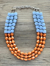 Load image into Gallery viewer, Malibu Orange & Blue Chunky Statement Necklace, multi Strand Beaded Jewelry, baby blue jewelry, chunky bib light blue sky periwinkle