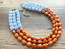 Load image into Gallery viewer, Malibu Orange & Blue Chunky Statement Necklace, multi Strand Beaded Jewelry, baby blue jewelry, chunky bib light blue sky periwinkle