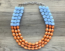 Load image into Gallery viewer, Malibu Orange & Blue Chunky Statement Necklace, multi Strand Beaded Jewelry, baby blue jewelry, chunky bib light blue sky periwinkle