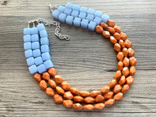 Load image into Gallery viewer, Malibu Orange & Blue Chunky Statement Necklace, multi Strand Beaded Jewelry, baby blue jewelry, chunky bib light blue sky periwinkle