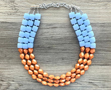 Load image into Gallery viewer, Malibu Orange & Blue Chunky Statement Necklace, multi Strand Beaded Jewelry, baby blue jewelry, chunky bib light blue sky periwinkle