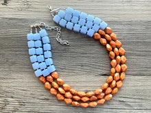 Load image into Gallery viewer, Malibu Orange & Blue Chunky Statement Necklace, multi Strand Beaded Jewelry, baby blue jewelry, chunky bib light blue sky periwinkle