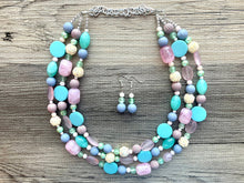 Load image into Gallery viewer, Pastel Easter Statement Necklace, Colorful Beaded Necklace, Chunky bib necklace, pastel necklace, pastel jewelry, mint earrings periwinkle