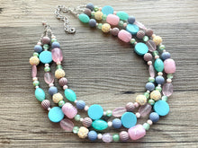 Load image into Gallery viewer, Pastel Easter Statement Necklace, Colorful Beaded Necklace, Chunky bib necklace, pastel necklace, pastel jewelry, mint earrings periwinkle