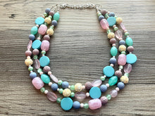 Load image into Gallery viewer, Pastel Easter Statement Necklace, Colorful Beaded Necklace, Chunky bib necklace, pastel necklace, pastel jewelry, mint earrings periwinkle