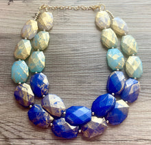 Load image into Gallery viewer, Golden Blue Ombré Necklace, Double strand bright jewelry, big beaded chunky statement, summer necklace, light blue turquoise gold white aqua